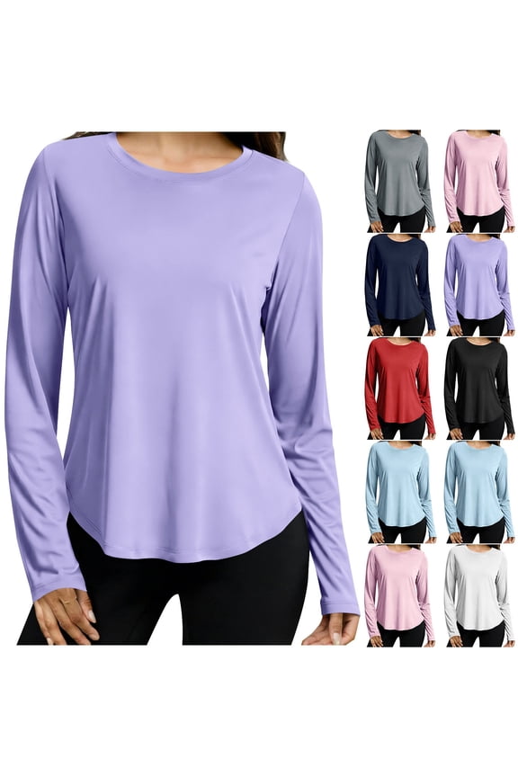 Long Sleeve Shirts for Women, Womens Casual Tops, Women's Sports Crew Neck Long Sleeve Top Solid Color Fast Dry Sun Protection Active Wear Casual