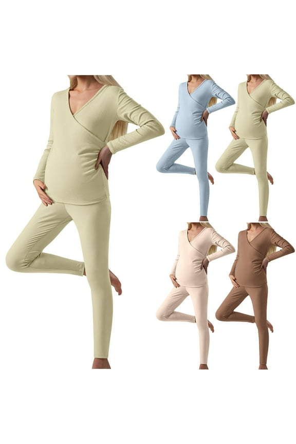 Maternity Lounge Set, Maternity Nursing Pajama Sets, Maternity Nursing Solid Color Long Sleeve Top and Pants Set Warm Loungewear for Pregnancy and Postpartum