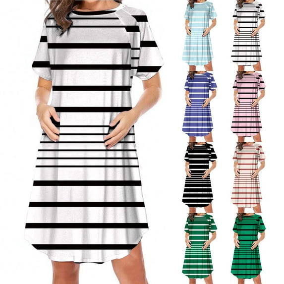 QNANSPI Maternity Nightgown for Breastfeeding, Casual Short Sleeve Dress, Maternity Nursing Nightdress Side Zipper Printed Short Sleeve Round Neck Knee Length Sleepwear