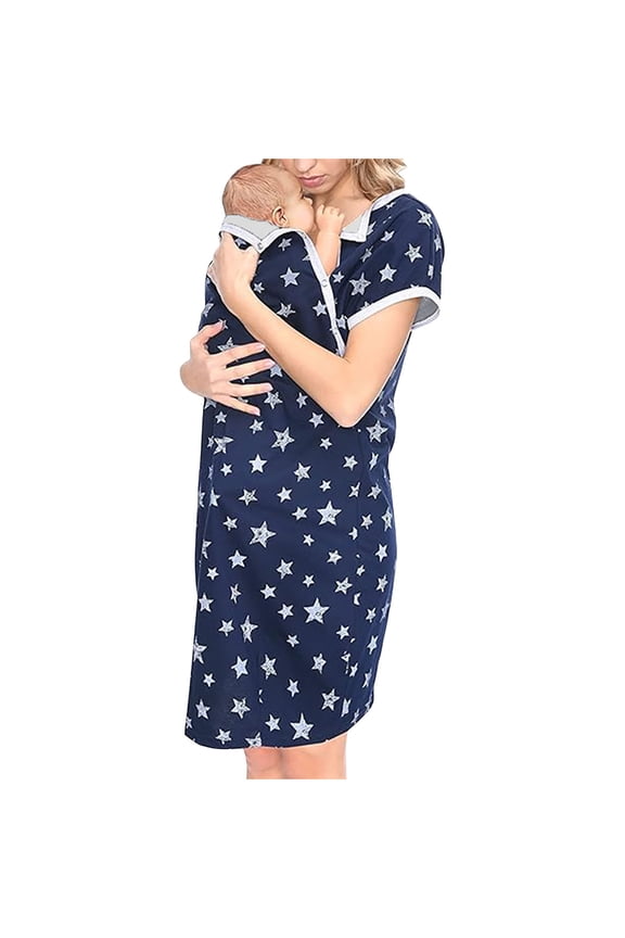 Maternity Nursing Nightgown, Postpartum Recovery Dress, Women's Maternity Star Print Nursing Dress Short Sleeve Stretchy Soft Fabric Comfortable Casual Daily Outdoor Wear