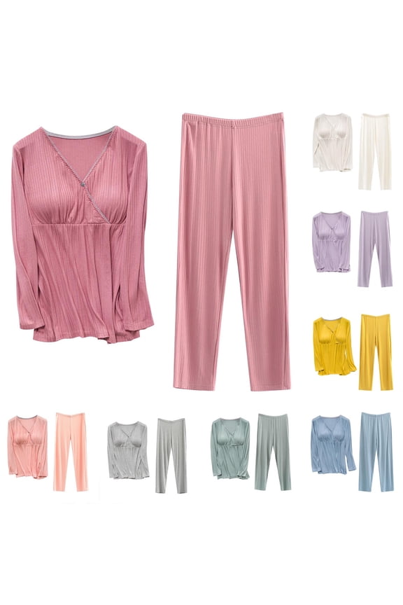 Maternity Nursing Pajama Set Long Sleeve Ribbed Knit Sleepwear Cross V-Neck for Pregnancy Breastfeeding Homewear for Women