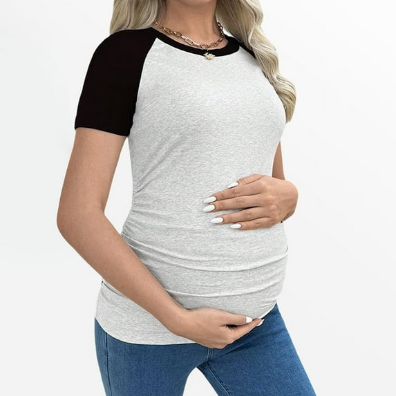 QNANSPI Maternity Shirts,Women Maternity Workout Tops,Color Block Maternity T-Shirt Short Sleeve Crew Neck Stretchy Pregnancy Top