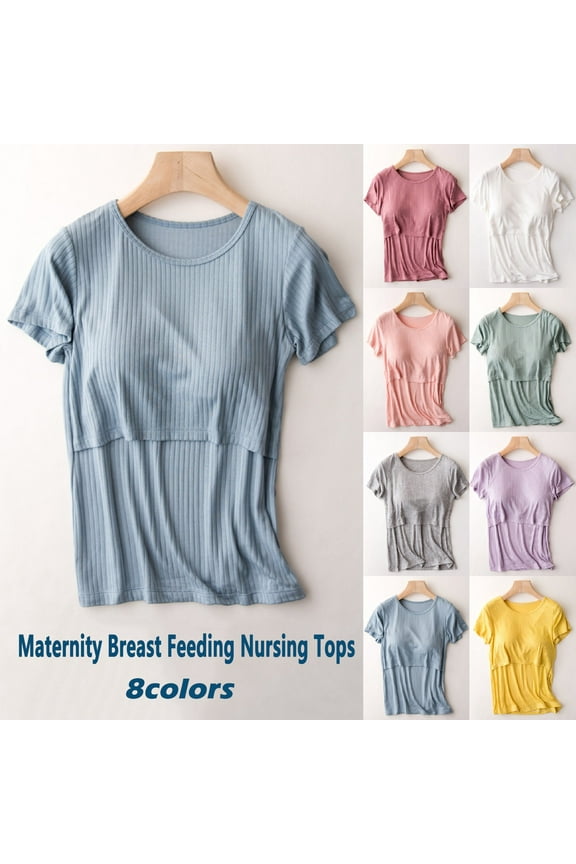 Maternity Shirts for Women, Nursing Tops Short Sleeve, Maternity Solid Color V-Neck Short Sleeve Nursing Top with Double Stripe Detail for Relaxed Postpartum Wear