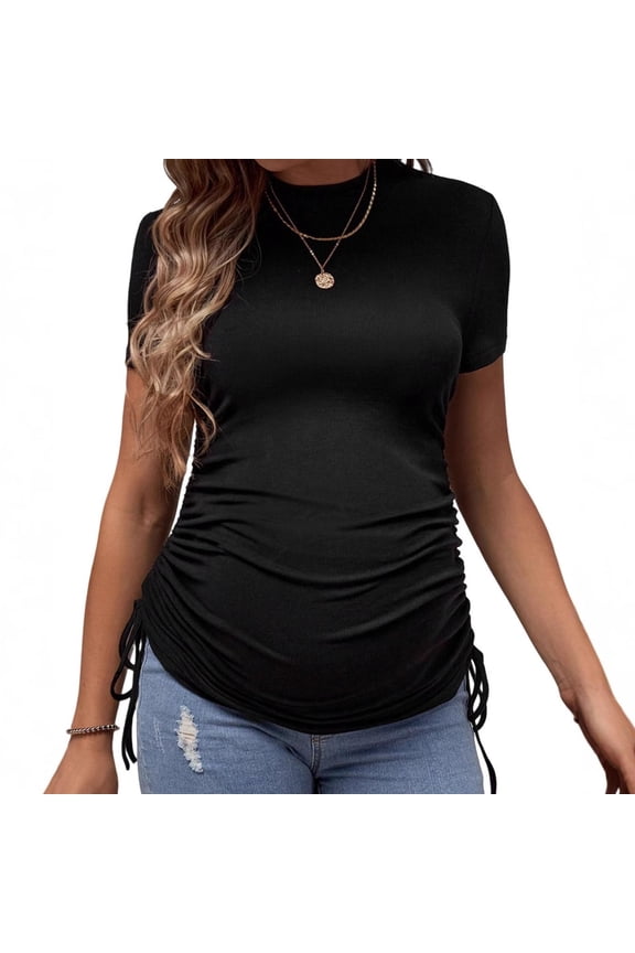 Maternity Shirts,Women Summer Maternity Tops,Ribbed Short Sleeve Maternity Top with Drawstring Tie Crew Neck Bump Hugging Shirt