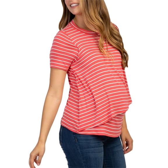 QNANSPI Maternity Shirts,Women Summer Maternity Tops,Striped Maternity Shirt Short Sleeve Crew Neck Nursing Top for Women