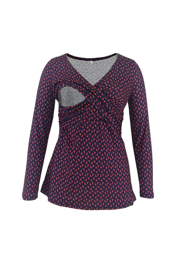 Maternity Shirts for Women, Nursing Tops Long Sleeve, Maternity V-Neck Long Sleeve Geometric Print Wrap Nursing Top for Postpartum Moms