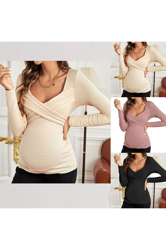 Maternity Shirts for Women, Nursing Tops Long Sleeve, Maternity V-Neck Long Sleeve Solid Wrap Nursing Top Deep V for Postpartum Nursing Moms