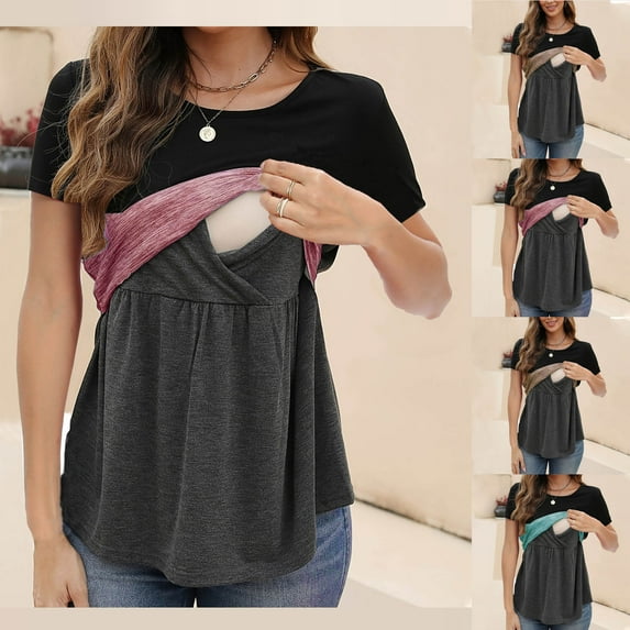 QNANSPI Maternity Shirts for Women, Nursing Tops Short Sleeve, Maternity Solid Color Ribbed Short Sleeve Nursing Top for Postpartum Moms