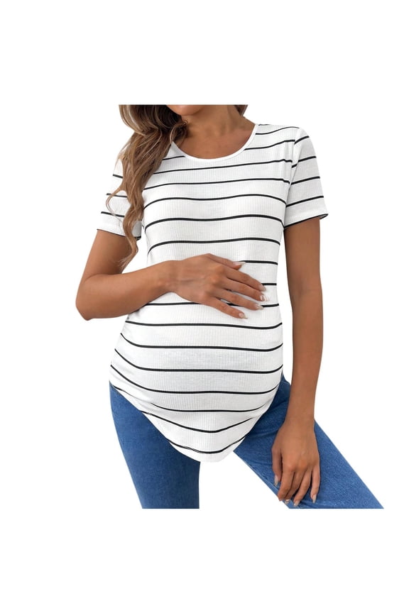 Maternity Shirts for Women, Nursing Tops Short Sleeve, Maternity Striped Short Sleeve Fitted Tee with Curved Hem for Everyday Pregnancy Wear