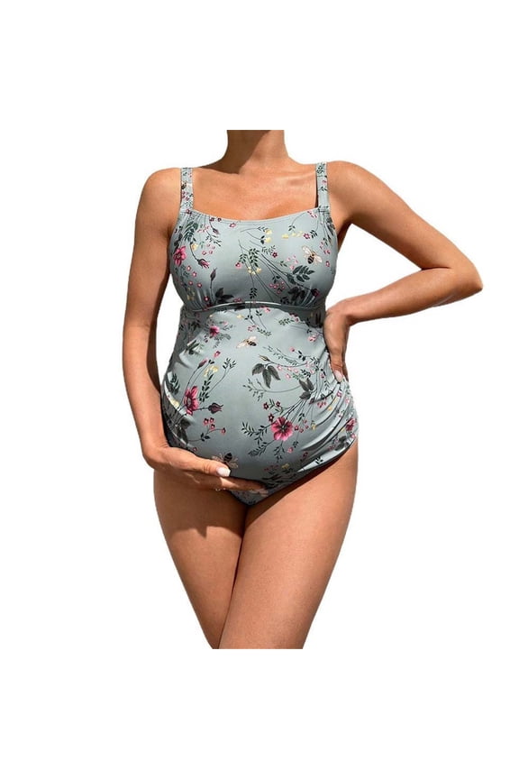 Maternity Swimsuit 1 Piece, Beach Swimwear for Women, Pregnancy Printed One-Piece Bathing Set Strap Detail for Beach Pool Vacation