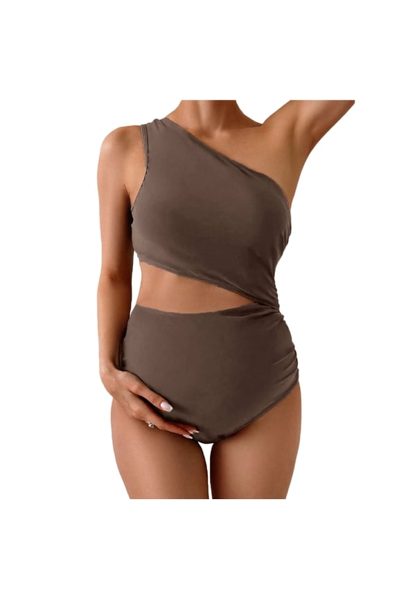 Maternity Swimsuit 2 Piece, Beach Swimwear for Women, Pregnancy One-Shoulder One-Piece Bathing Set Solid Color Drawstring Waist for Beach Pool Vacation