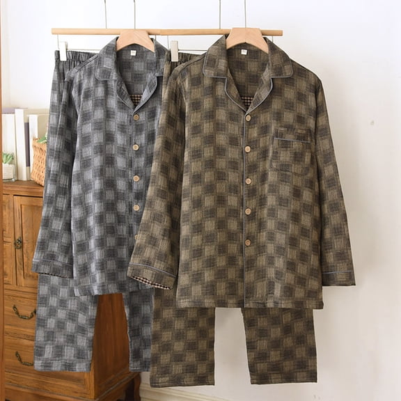 QNANSPI Men Pajama Set Long Sleeve Sleepwear, Men Loungewear Set Long Sleeve Pajama, Men's Long Sleeve Checkered Print Collar Pajama Set Casual Relaxed Lightweight Home Loungewear Sleepwear Sets