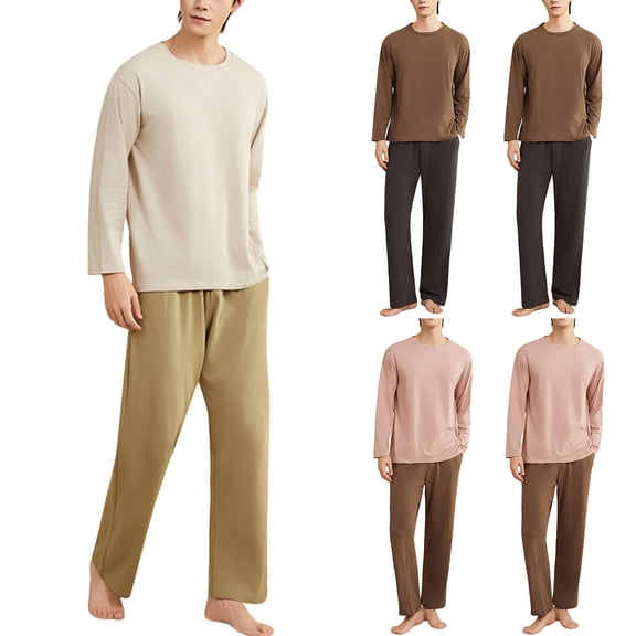 QNANSPI Men Set Long Sleeve Warm Pajamas, Thermal Wear Set for Men Warm Sleepwear, Men Long Sleeve Round Neck Top Pants Homewear Set Thermal Wear Sleepwear Sets