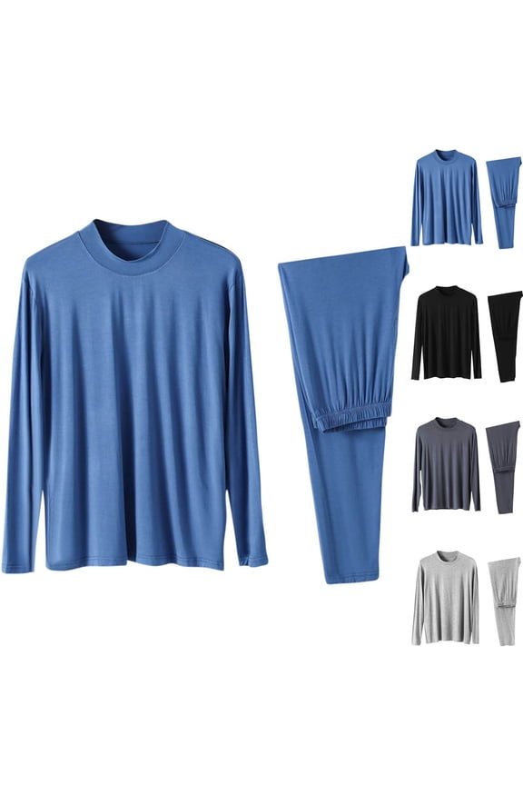 Men Set Long Sleeve Warm Pajamas, Thermal Wear Set for Men Warm Sleepwear, Men Solid Color Pajama 2 Piece Set Round Neck Long Sleeve Homewear Sleepwear Sets