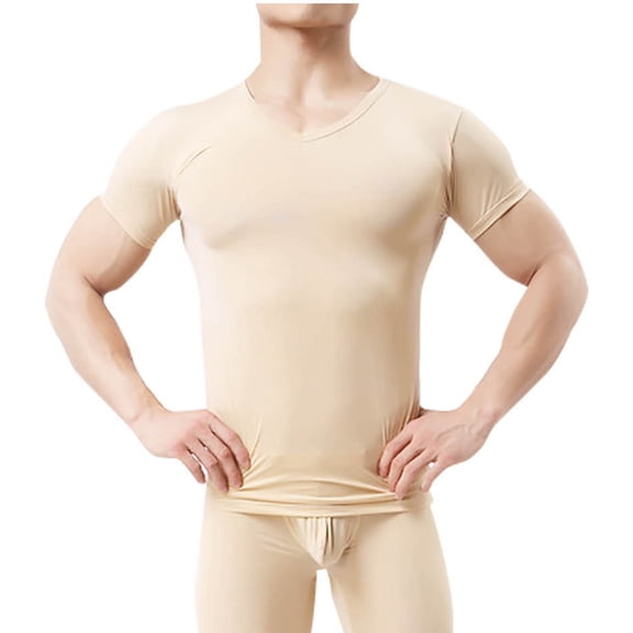 QNANSPI Men Set Long Sleeve Warm Pajamas, Thermal Wear Set for Men Warm Sleepwear, Men Solid Color V Neck Short Sleeve T-Shirt Seamless Thermal Wear Sleepwear Fleece Lined 2-Tone Sets