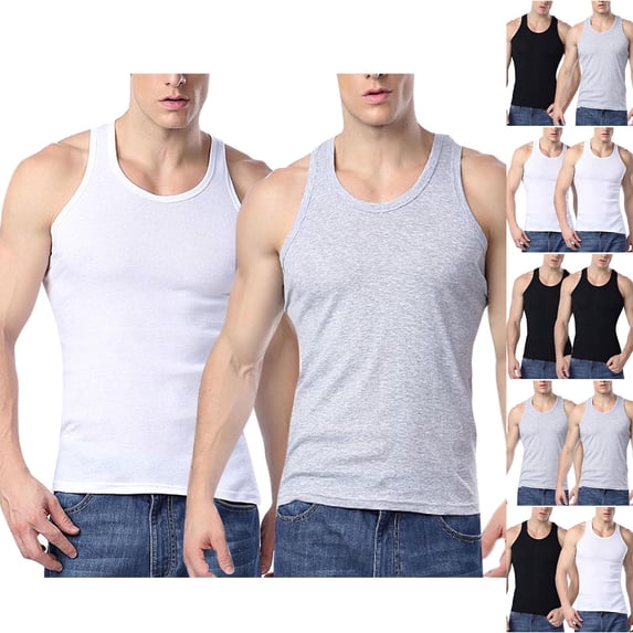QNANSPI Men's Casual Breathable Sleeveless Tops, Fast Dry Muscle Gym Tank Tops, 2 Pack Men's Basic Stretch Gym Home Wear Tank Tops Solid Color Crew Neck Sports Sleeveless Shirts