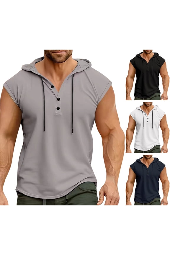 Men's Casual Breathable Sleeveless Tops, Fast Dry Muscle Gym Tank Tops, Men's Casual Hooded Pullover Button Sleeveless Hooded Tank Tops Daily Leisure Sleeveless Shirts