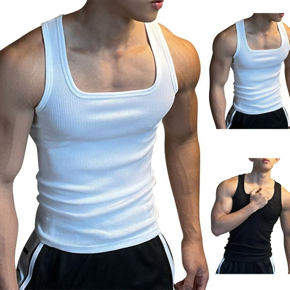QNANSPI Men's Casual Breathable Sleeveless Tops, Fast Dry Muscle Gym Tank Tops, Men's Ribbed Stretch Tank Tops Sleeveless Wide Shoulder Crew Neck Breathable Gym Training Shirts