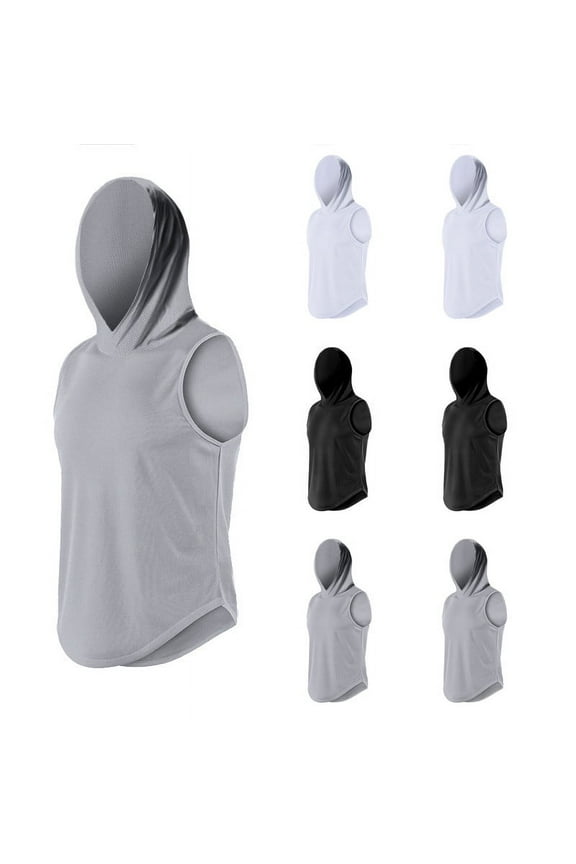 Men's Casual Breathable Sleeveless Tops, Fast Dry Muscle Gym Tank Tops, Men's Solid Color Sleeveless Hooded Tank Tops Summer Casual Sports Basic Training Shirts