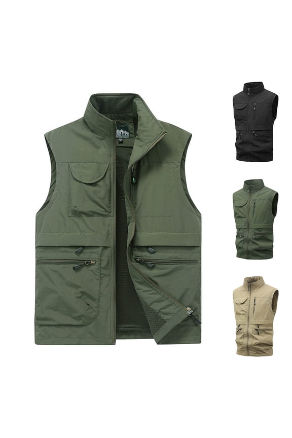 Men's Casual Sleeveless Jacket, Outdoor Cargo Vests for Men, Men's Plus Size Casual Fashion Outdoor Sports Tank Tops Stand Collar Multi Pocket Zip Shirts