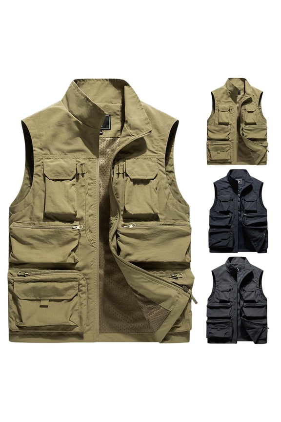 Men's Casual Sleeveless Jacket, Outdoor Cargo Vests for Men, Multi Pocket Men's Lightweight Outdoor Casual Stand Collar Breathable Hiking Photography Shirts
