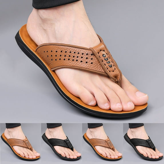 QNANSPI Men's Leather Flip Flops, Outdoor Sandals for Men, Men's Perforated Leather Thong Shoes with Cushioned Footbed for Indoor Outdoor Warm Season Slippers