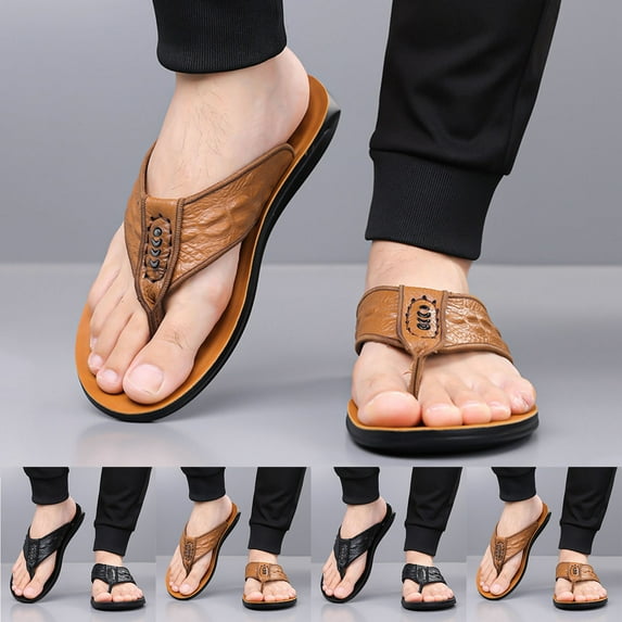 QNANSPI Men's Leather Flip Flops, Outdoor Sandals for Men, Men's Real Leather Soft Sole Thong Shoes Breathable for Beach and Home Bathroom Slippers