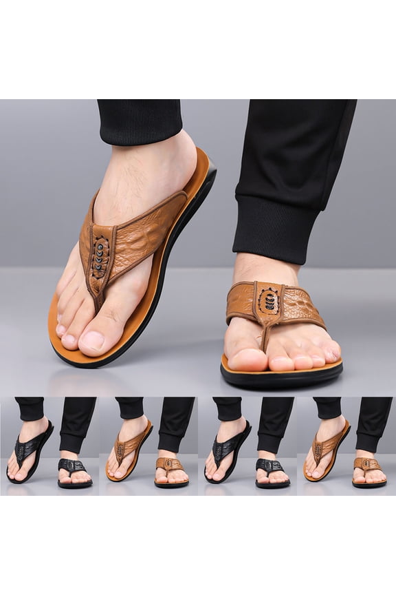 Men's Leather Flip Flops, Outdoor Sandals for Men, Men's Real Leather Soft Sole Thong Shoes Breathable for Beach and Home Bathroom Slippers