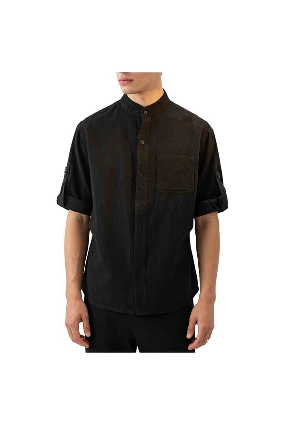 Mens Casual Shirts, Breathable Tops for Men, Mens Solid Color 3/4 Sleeve Stand Collar Button Placket Pocket Loose Style Casual Fashion Breathable Comfortable Tops