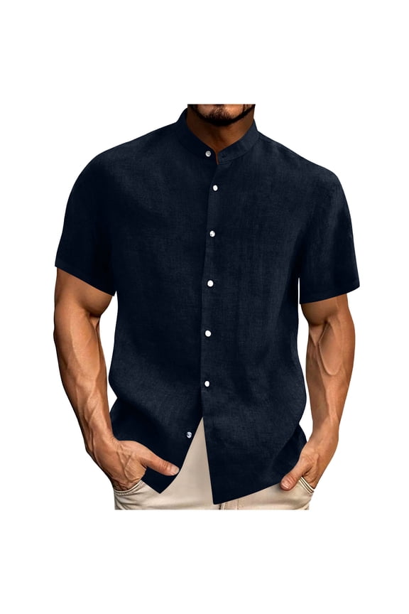 Mens Shirts Casual Stylish, Breathable Tops for Men, Mens Solid Color Short Sleeve Stand Collar Button Placket Casual Daily Wear Outdoor Breathable Lightweight Comfortable Tops