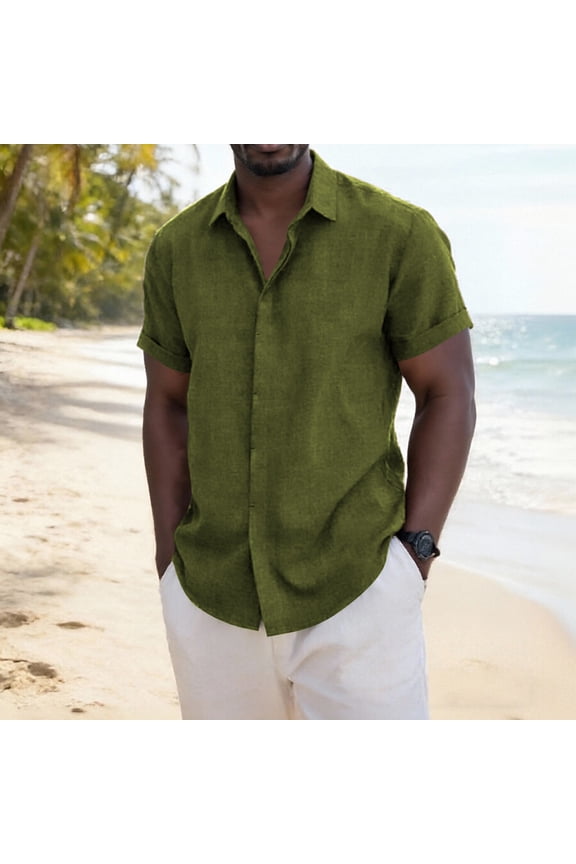 Mens Shirts Casual Stylish, Breathable Tops for Men, Mens Solid Color Short Sleeve Turn Down Collar Button Placket Hidden Placket Casual Vacation Outdoor Comfortable Tee