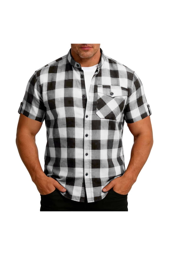 Mens Summer Tops, Casual Shirts for Men, Mens Short Sleeve Stand Collar Button Placket Pocket Plaid Casual Daily Wear Summer Fast-Dry Lightweight Tops