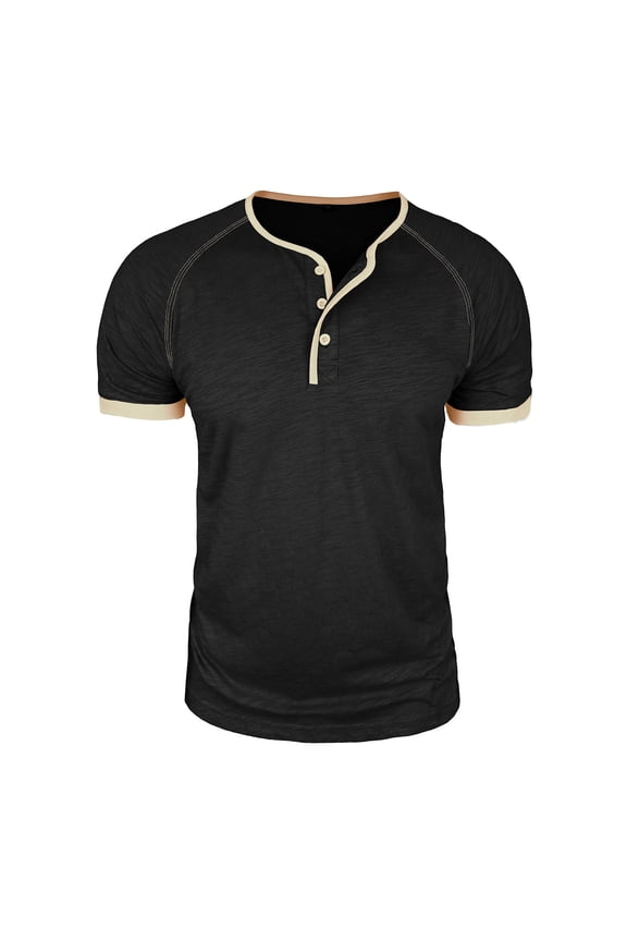 Mens Summer Tops, Casual Shirts for Men, Solid Color Color Panels Mens Short Sleeve Crew Neck Button Placket Pullover Casual Daily Wear Soft Breathable Tee