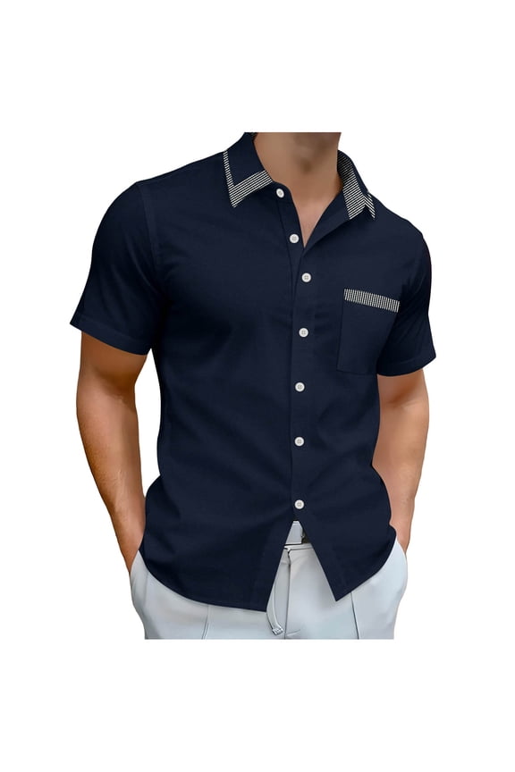Mens Summer Tops, Short Sleeve Shirt for Men, Mens Printed Short Sleeve Turn Down Collar Button Placket Pocket Open Front Casual Fashion Daily Wear Tops