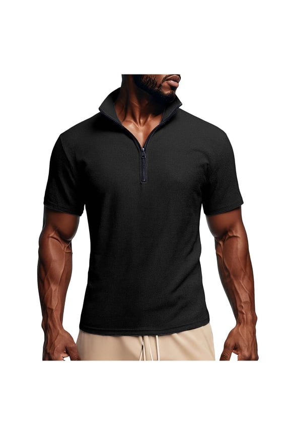 Mens Summer Tops, Workout Shirts for Men, Mens Solid Color Short Sleeve Stand Collar Textured Zipper Up Sporty Workout Outdoor Breathable Tops