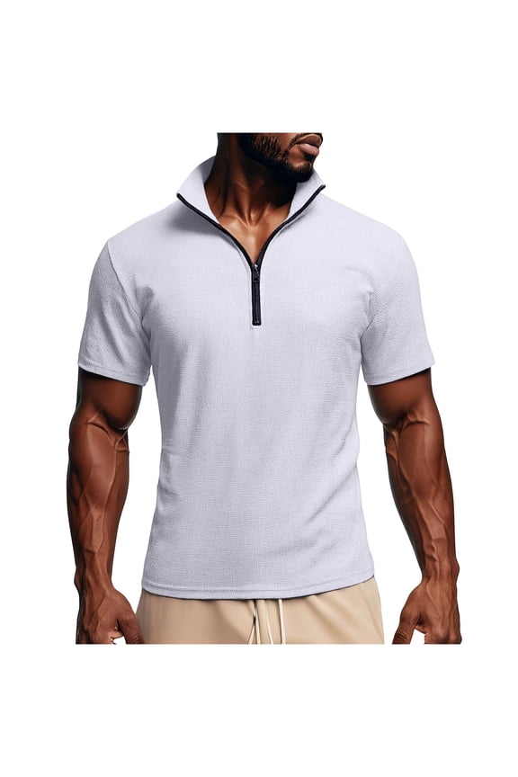 Mens Summer Tops, Workout Shirts for Men, Mens Solid Color Short Sleeve Stand Collar Textured Zipper Up Sporty Workout Outdoor Breathable Tops
