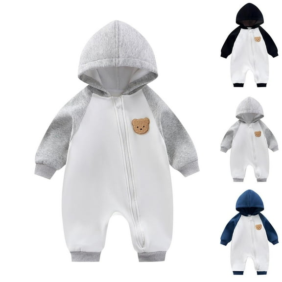 QNANSPI Newborn Long Sleeve Bodysuit,Two Way Zipper Bodysuit,Fleece-Lined Hooded Bodysuit with Zipper Color Block Style for Outdoor Play 0-18 Months Infant Kids Warm Winter Outfit