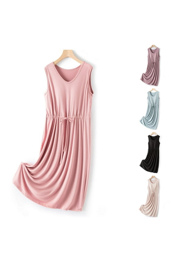 Nightgowns for Women,Nightgown with Built in Bra,Women's V Neck with Chest Cushion Solid Color Drawstring Loose and Comfortable Sleeveless Mid Length Nightgown Skirt