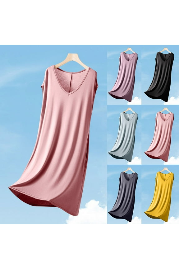 Nightgowns for Women,Nightgown with Built in Bra,Women's V Neck Solid Color Drawstring Loose and Comfortable Sleeveless Mid Length Nightgown Skirt