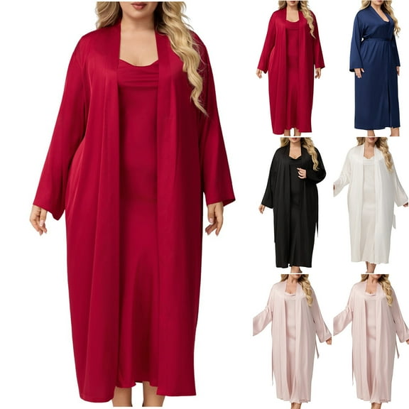 QNANSPI Nightgowns for Women, Womens Sleep Dress, Women's Plus Size Solid Color Sleep Dress and Robe Home Wear 2 Piece Pajama Set Nightgown and Jacket