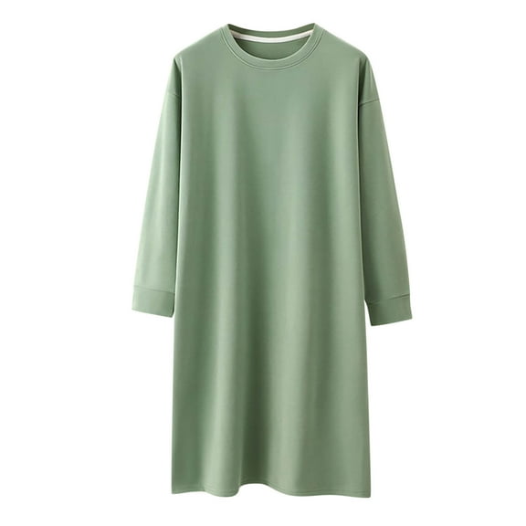 QNANSPI Nightgowns for Women, Womens Sleep Dress, Women's Solid Color Fleece Home Round Neck Long Sleeve Loose Mid Calf Sleep Dress