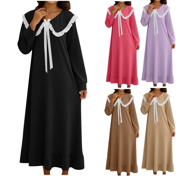 QNANSPI Nightgowns for Women, Womens Sleep Dress, Women's Solid Color Long Sleeve with Collar Bow and Ruffle Hem Mid Calf Length Night Gown for Home