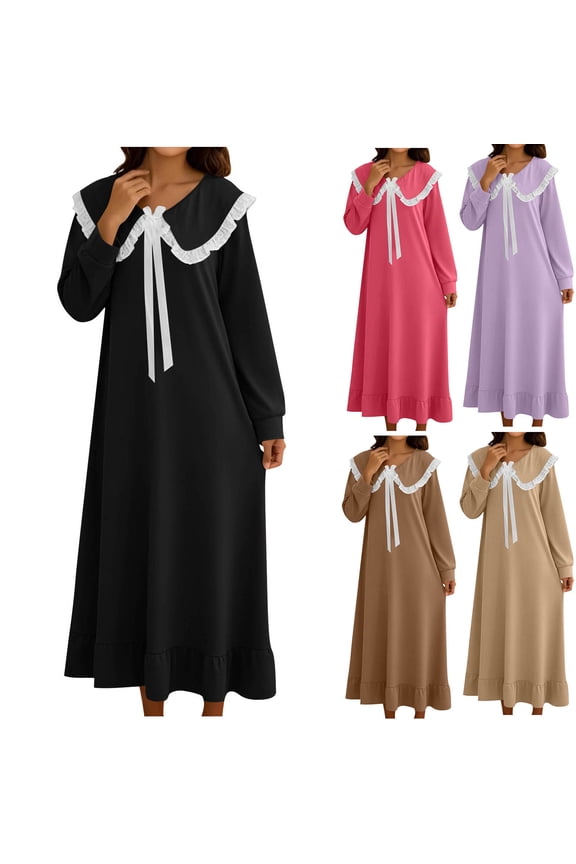 Nightgowns for Women, Womens Sleep Dress, Women's Solid Color Long Sleeve with Collar Bow and Ruffle Hem Mid Calf Length Night Gown for Home