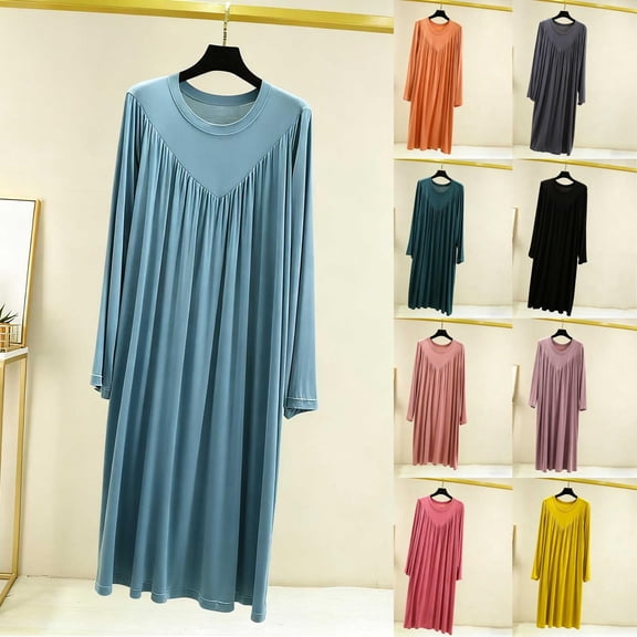 QNANSPI Nightgowns for Women, Womens Sleep Dress, Women's Solid Color Round Neck Home Long Sleeve Long Sleep Dress