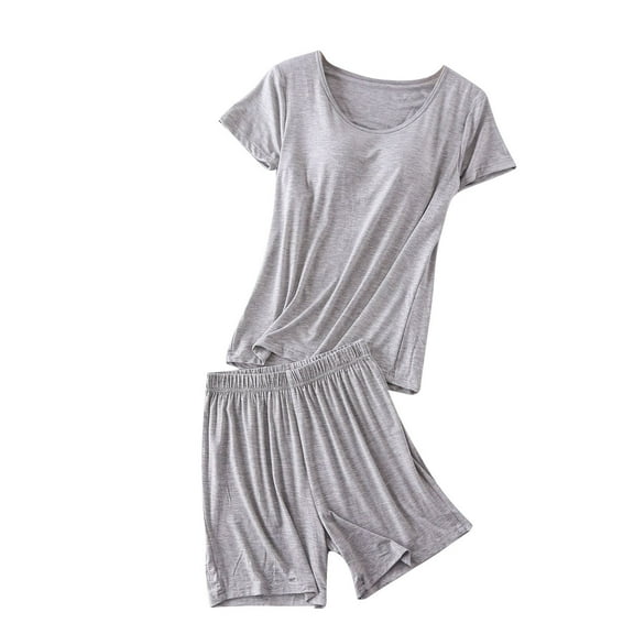 QNANSPI Pajama Sets for Women Short Sleeve, Women Short Sleeve Sleepwear Outfit, Womens Solid Color Rayon Loose Sleepwear Pajama Outfit With Built In Bra