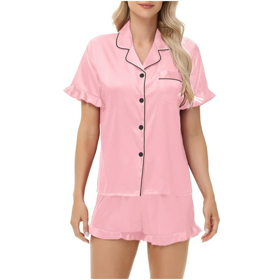QNANSPI Pajama Sets for Women Short Sleeve, Women Short Sleeve Sleepwear Outfit, Womens Double Ruffle Detail Satin Sleepwear Pajama Outfit