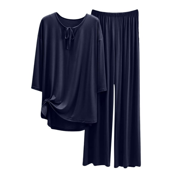 QNANSPI Pajama Sets for Women Short Sleeve, Women Short Sleeve Sleepwear Outfit, Womens Rayon Solid Color Round Neck Belted Pants Sleepwear Outfit