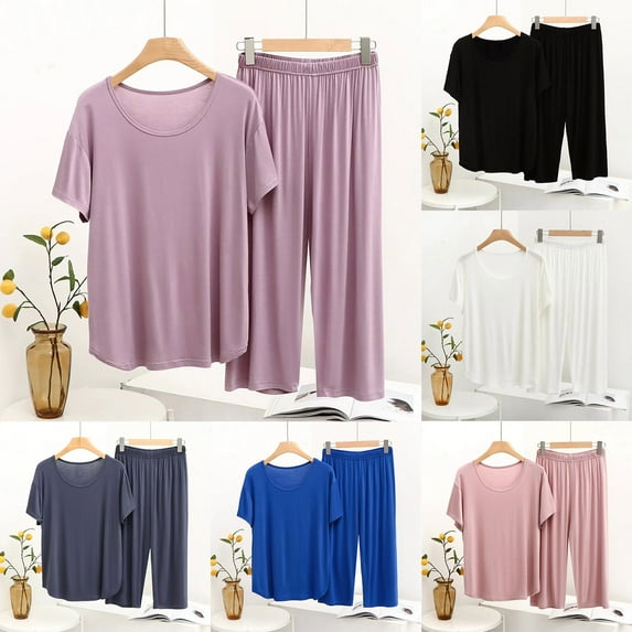 QNANSPI Pajama Sets for Women Short Sleeve, Women Short Sleeve Sleepwear Outfit, Womens Solid Color Rayon Loose Short Sleeve Pants Sleepwear Outfit