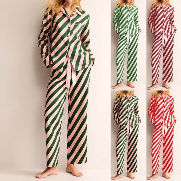 QNANSPI Pajama Sets for Women, Womens Long Sleeve Pajama Sets, Womens Stripe Collared Long Sleeve Cozy Sleepwear Pajama Outfit