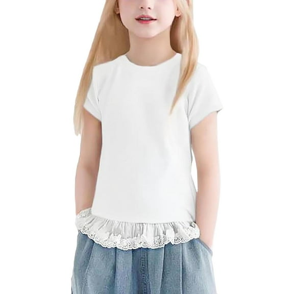QNANSPI Plus Size Girls and Boys Summer Tops,Short Sleeve Tops for Kids,Summer Children's Lace Hem Girls Short-sleeved Tops For Middle And Large Children